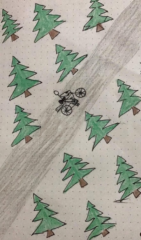 A pen and crayon drawing of a stick-man cycling a bike through a forest