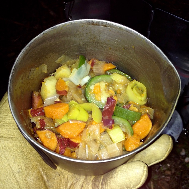 A mixture of colourful vegetables: orange, purple, green, yellow, white… All inside Dans small, titanium cooking pot, being held by a gloved hand