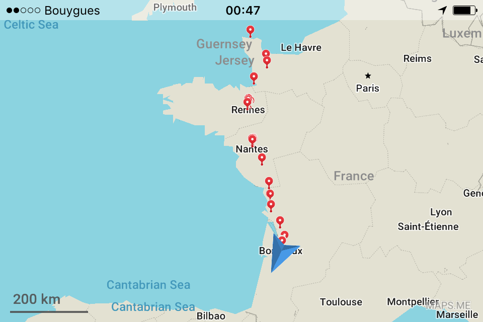 A screenshot of France on the maps.me app, where location pins show my route from Cherbourg to Bordeaux.