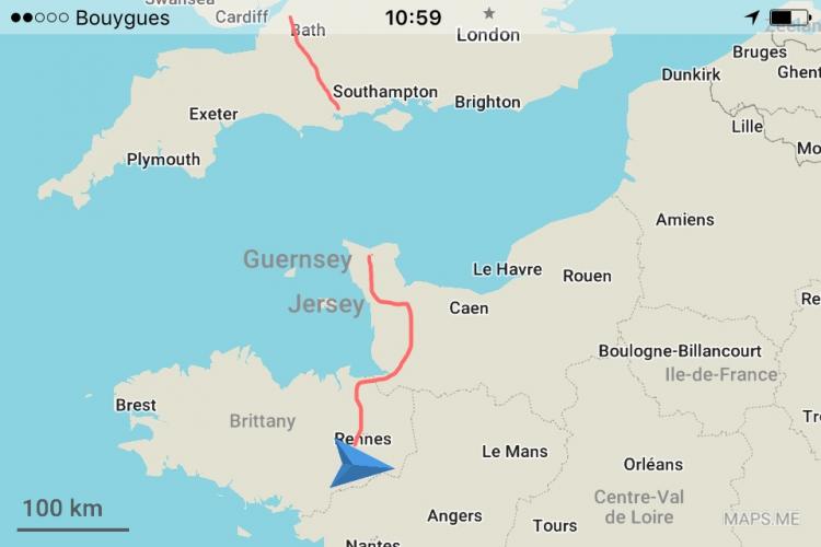 Map of Caen and Brittany, showing my route so far and my current location (just South of Rennes)