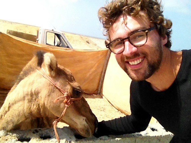 Dan trying to take a selfie with a camel. The camel is now trying to sniff/lick Dan's arm.