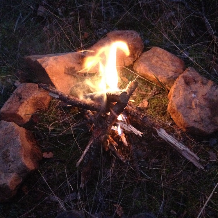 A very small fire, consisting of about ten twigs, burning in a semi-circle of orange rocks on some grass