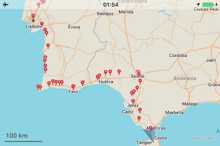 Screenshot of the maps.me app, showing Dan's route from Lisbon to Sagres, Faro, Huelva, Seville, Jerez and finally Tarifa.