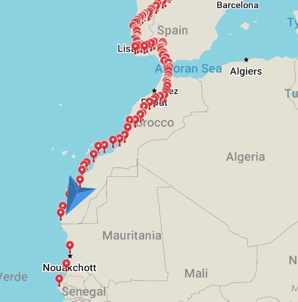 A map showing Dans route from Spain to Western Sahara, along the west coast of Africa, and then his current location, about half-way down the coast of Wester Sahara.