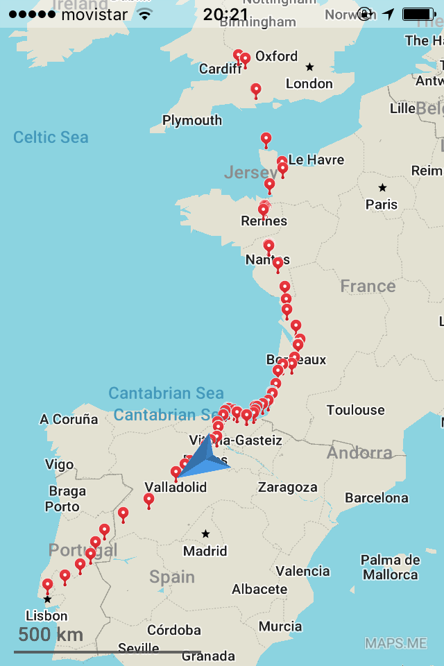 Map showing southern England, France, Spain and Portugal, and Dans route from Bristol, UK, to Lisbon, Portugal. The position marker is in Burgos, Spain