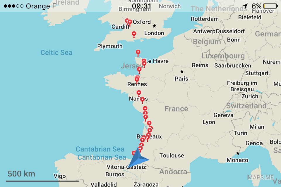 A map of western Europe, showing my cycle route from England, through France to the border of Spain