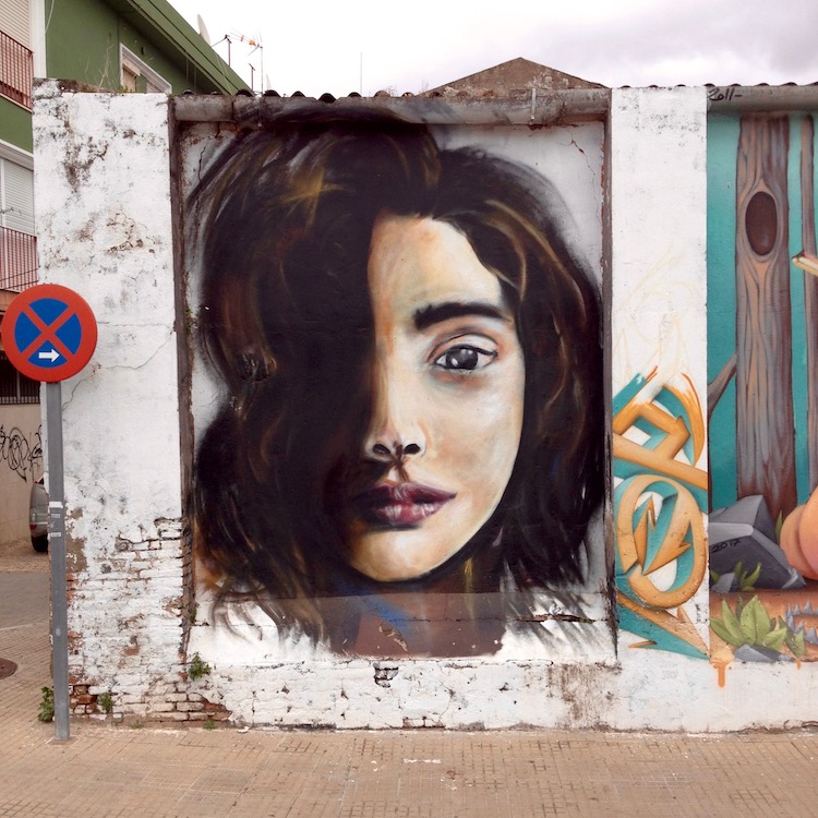 Large street art on a wall in Seville, showing a beautiful female face, with typical Spanish complexion.