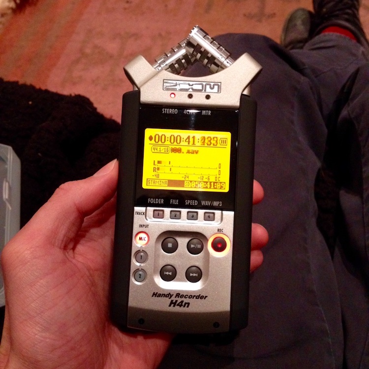 A Zoom H4n portable audio recorder in my hand