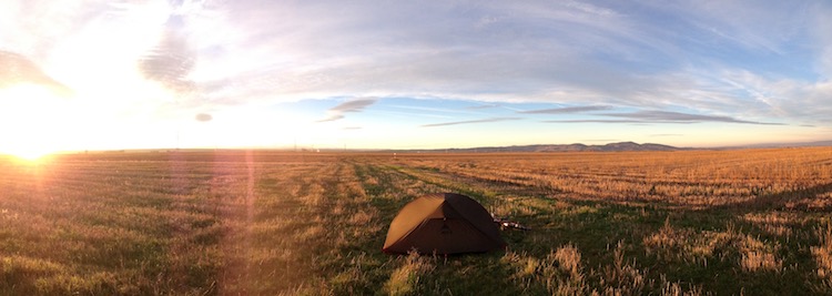 An ocean of flat grass, with mountains on the horizon and Dans tent set up in the foreground (facing away from the camera), the sun rising from one side (panoramic shot, wild camping in northern Spain)